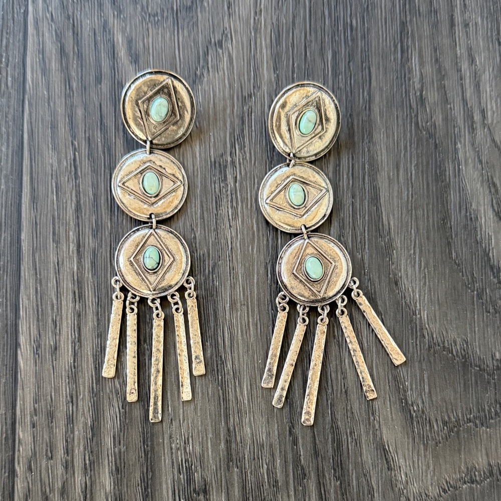 The 2Bandits Stainless Steel And Turquoise Howlite Concho Feather Drop Earring